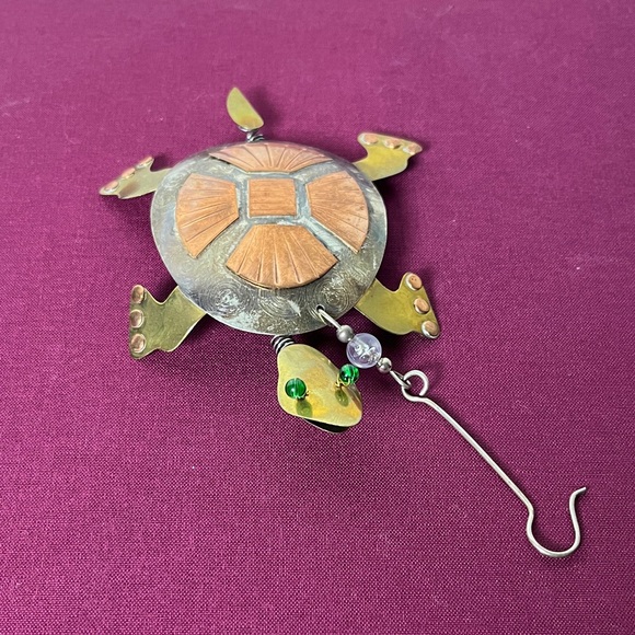 Vintage Brass Copper Silver Metal Turtle w Green Bead Eyes Ornament - Picture 2 of 6